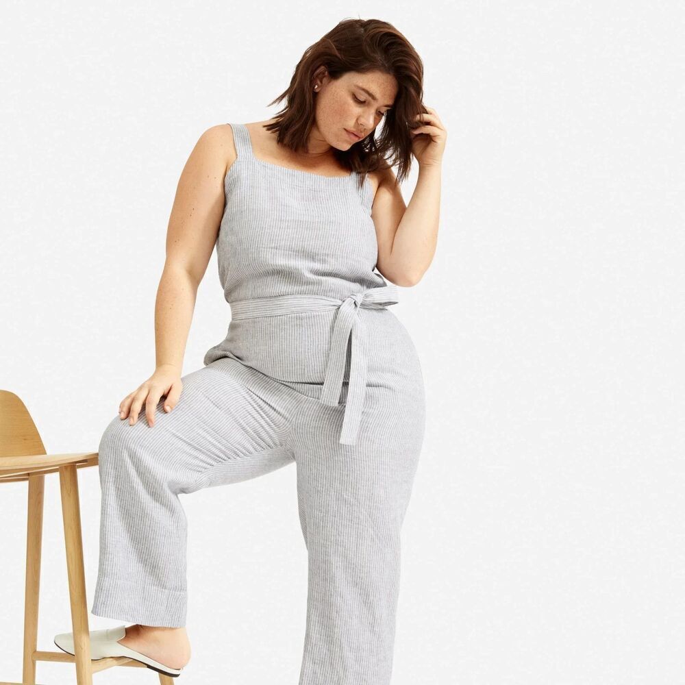 Everlane Womens Gray Jumpsuit 8 Striped Linen Square Neck Wide Leg Pull On